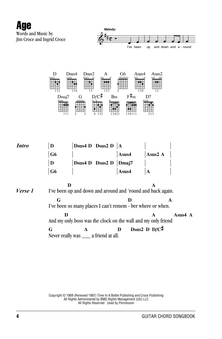 Jim Croce Age sheet music notes and chords. Download Printable PDF.