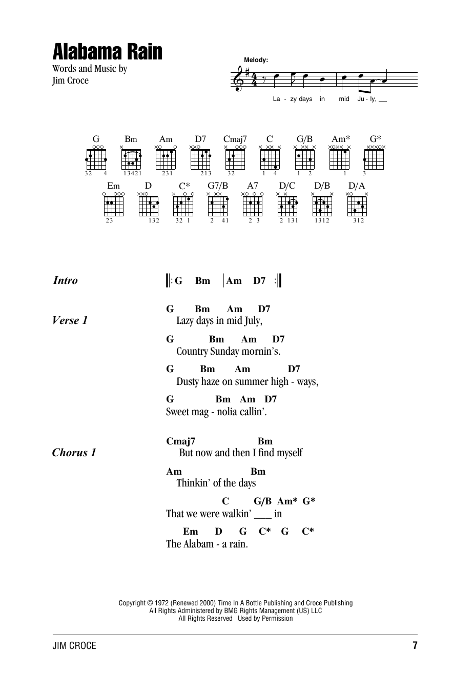 Learn to play Jim Croce Alabama Rain sheet music for Ukulele in minutes. Price: 5.9900$ Jim Croce Alabama Rain sheet music notes and chords arranged for Ukulele