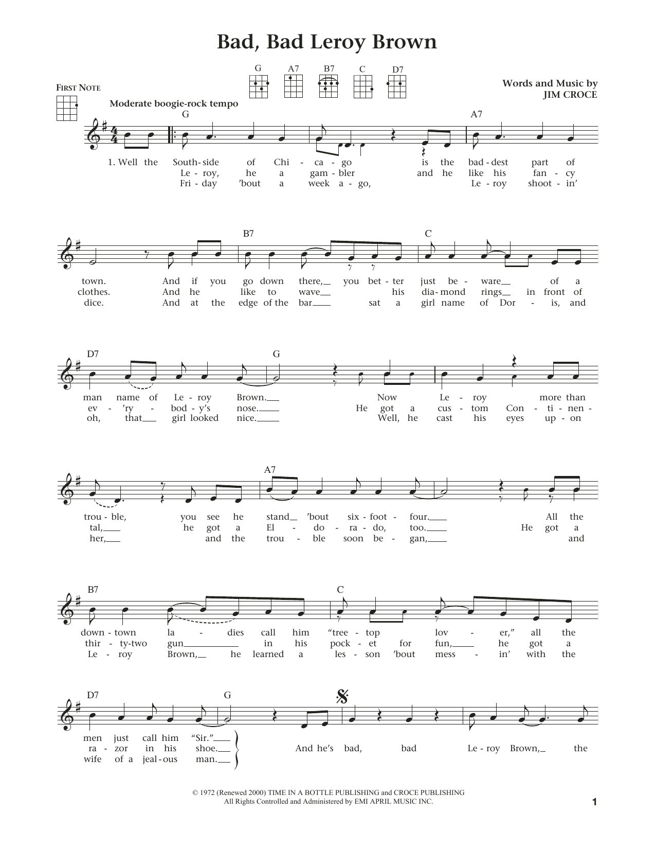 Jim Croce Bad, Bad Leroy Brown (from The Daily Ukulele) (arr. Liz and Jim Beloff) sheet music notes and chords. Download Printable PDF.