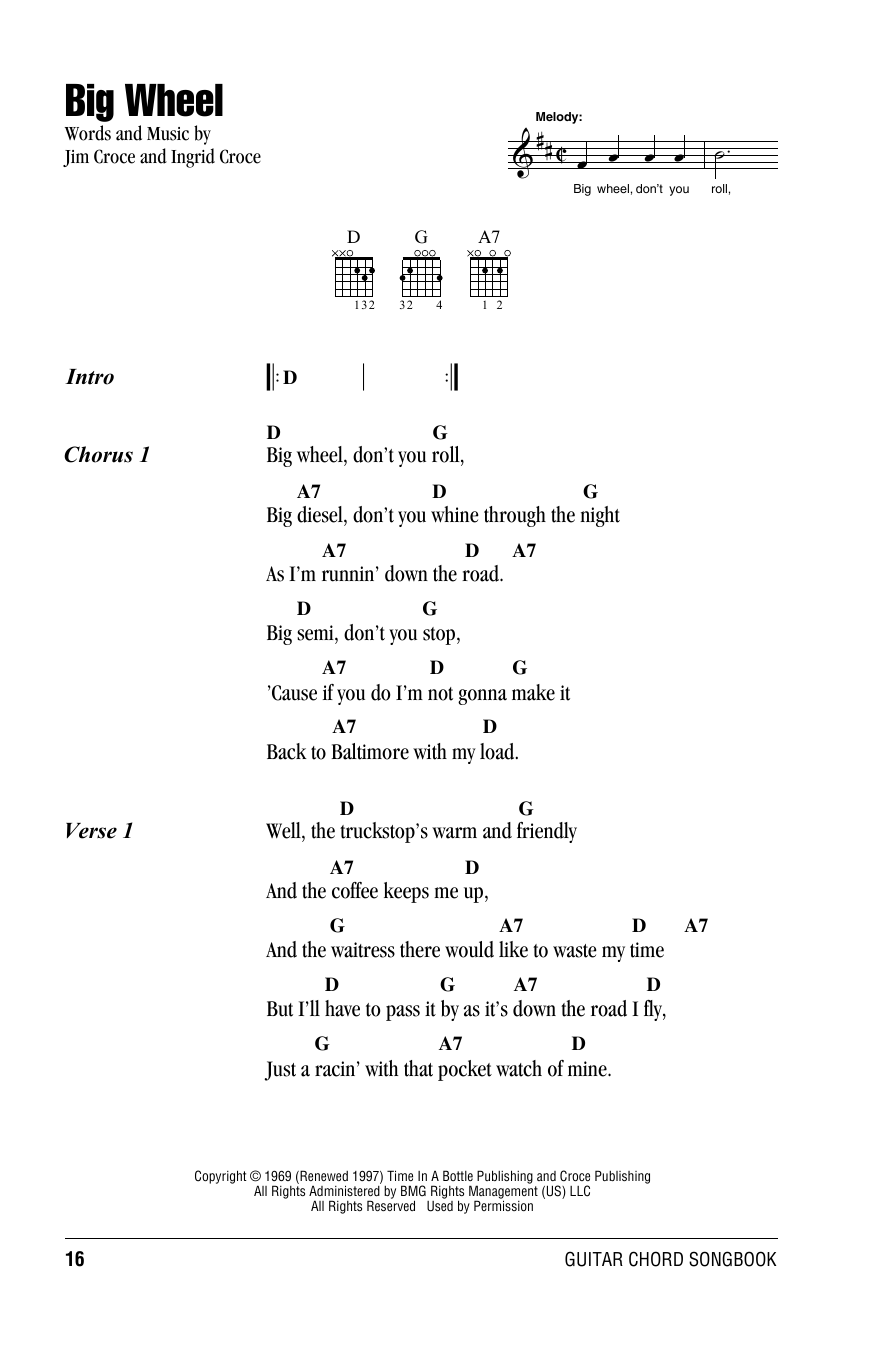 Jim Croce Big Wheel sheet music notes and chords. Download Printable PDF.