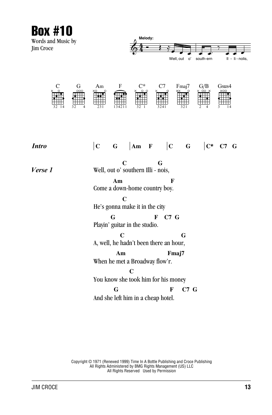 Jim Croce Box #10 sheet music notes and chords. Download Printable PDF.