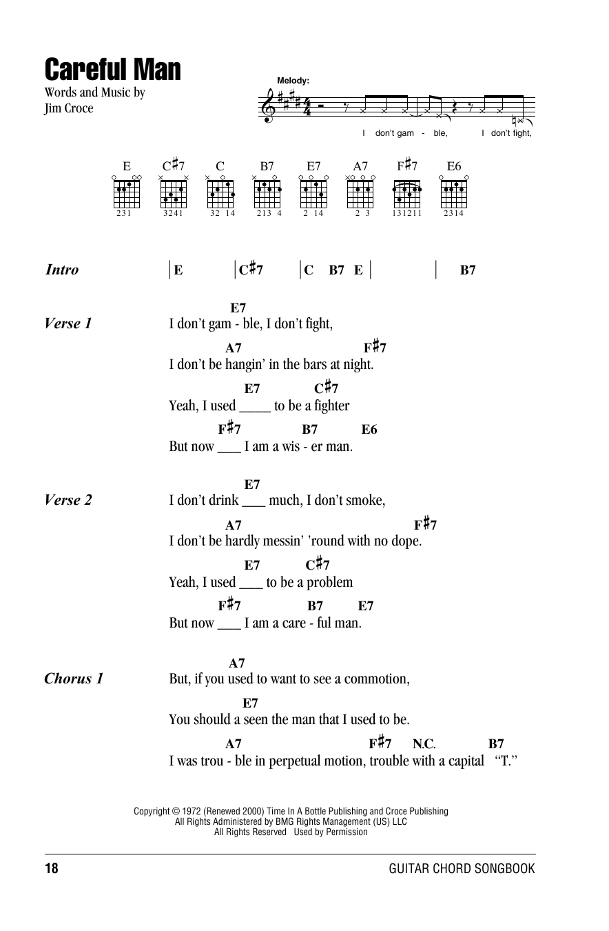 Jim Croce Careful Man sheet music notes and chords. Download Printable PDF.