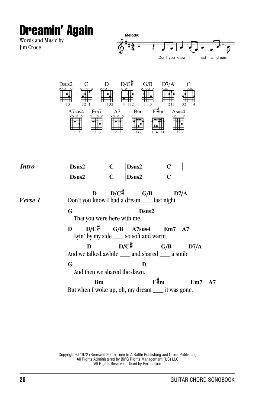 Jim Croce Dreamin' Again sheet music notes and chords. Download Printable PDF.