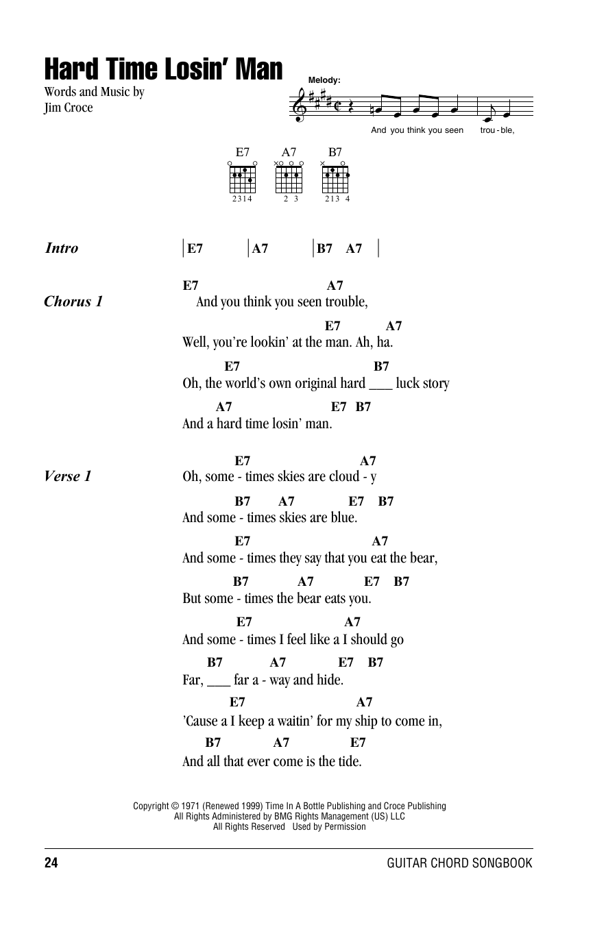 Jim Croce Hard Time Losin' Man sheet music notes and chords. Download Printable PDF.