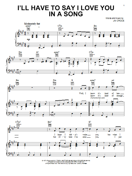 Jim Croce I'll Have To Say I Love You In A Song sheet music notes and chords. Download Printable PDF.