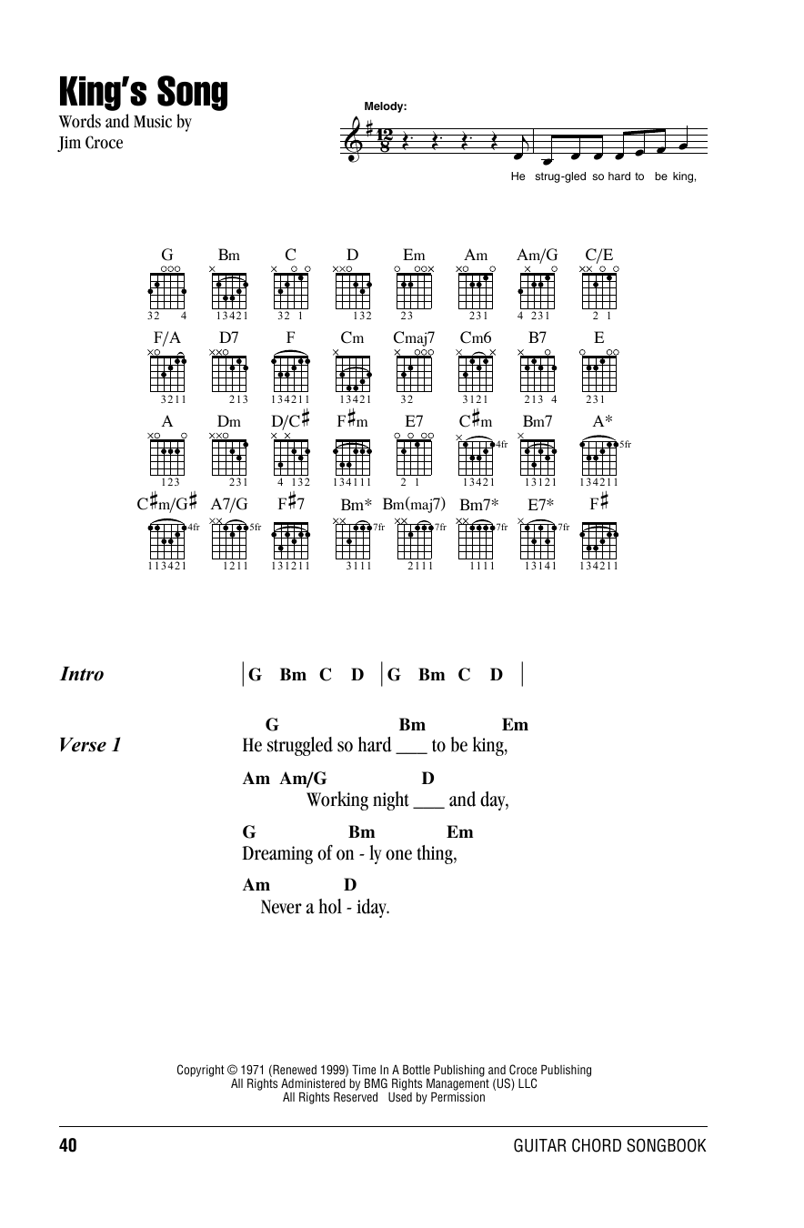 Jim Croce King's Song sheet music notes and chords. Download Printable PDF.