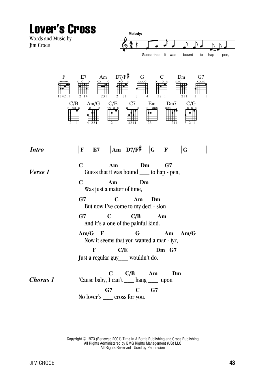 Jim Croce Lover's Cross sheet music notes and chords arranged for Piano, Vocal & Guitar Chords (Right-Hand Melody)