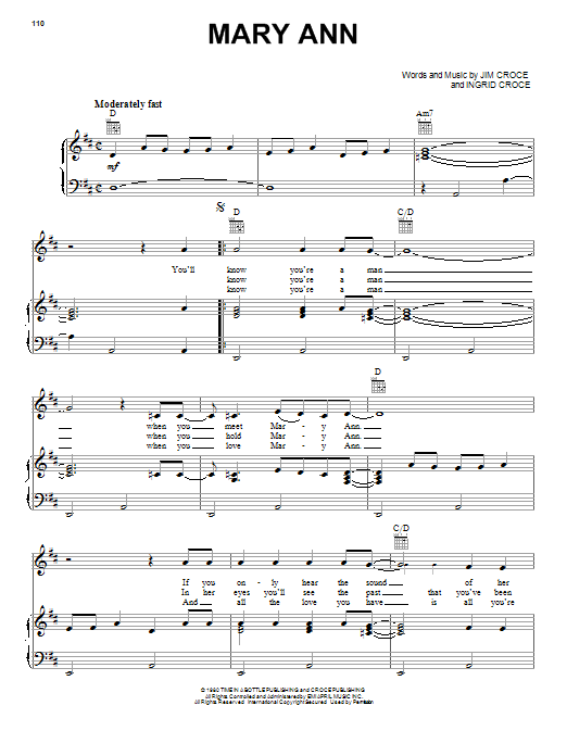 Learn to play Jim Croce Mary Ann sheet music for Piano, Vocal & Guitar Chords (Right-Hand Melody) in minutes. Price: 7.8900$ Jim Croce Mary Ann sheet music notes and chords arranged for Piano, Vocal & Guitar Chords (Right-Hand Melody)