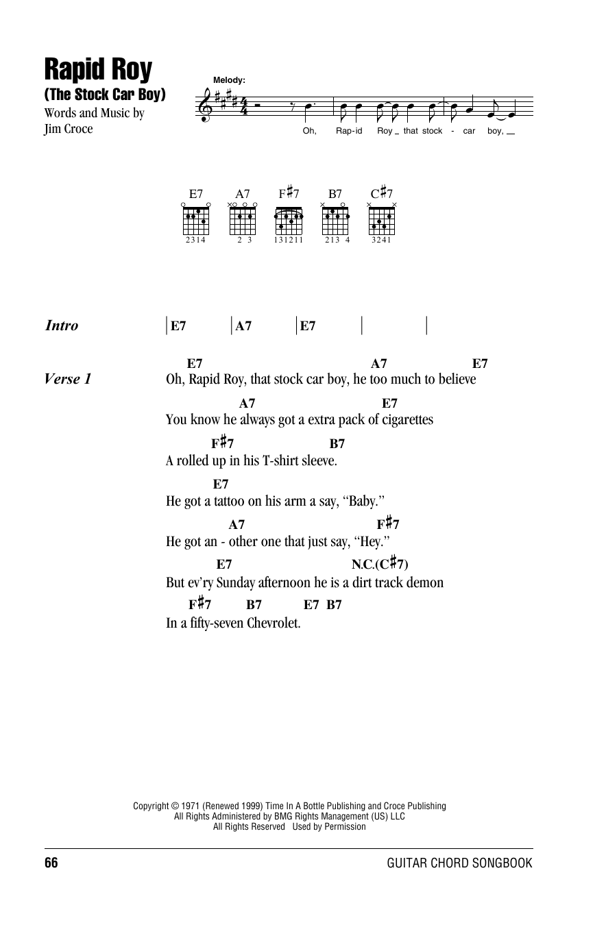 Jim Croce Rapid Roy (The Stock Car Boy) sheet music notes and chords. Download Printable PDF.