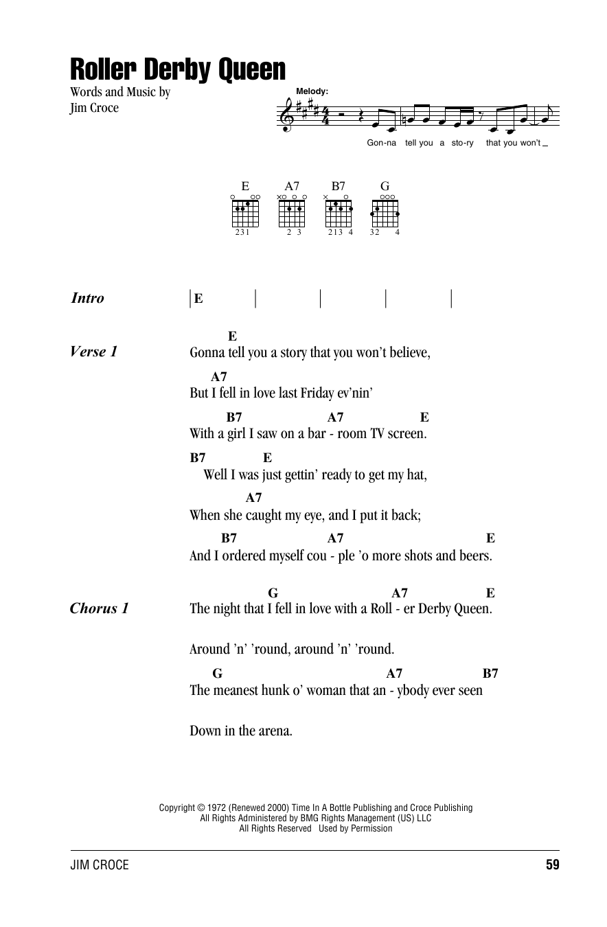 Jim Croce Roller Derby Queen sheet music notes and chords arranged for Piano, Vocal & Guitar Chords (Right-Hand Melody)