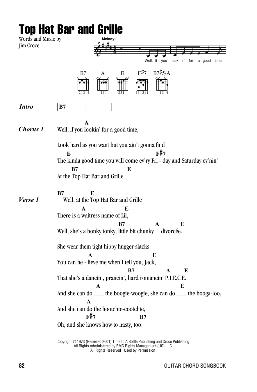 Learn to play Jim Croce Top Hat Bar And Grille sheet music for Piano, Vocal & Guitar Chords (Right-Hand Melody) in minutes. Price: 7.8900$ Jim Croce Top Hat Bar And Grille sheet music notes and chords arranged for Piano, Vocal & Guitar Chords (Right-Hand Melody)