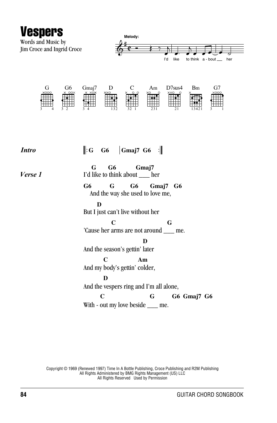 Jim Croce Vespers sheet music notes and chords. Download Printable PDF.