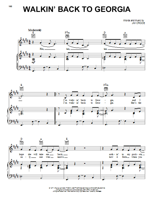 Learn to play Jim Croce Walkin' Back To Georgia sheet music for Piano, Vocal & Guitar Chords (Right-Hand Melody) in minutes. Price: 7.8900$ Jim Croce Walkin' Back To Georgia sheet music notes and chords arranged for Piano, Vocal & Guitar Chords (Right-Hand Melody)
