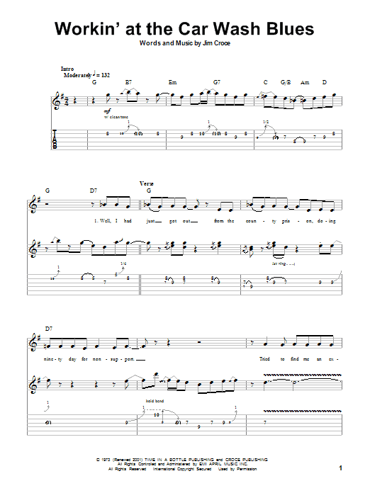 Jim Croce Workin' At The Car Wash Blues sheet music notes and chords. Download Printable PDF.