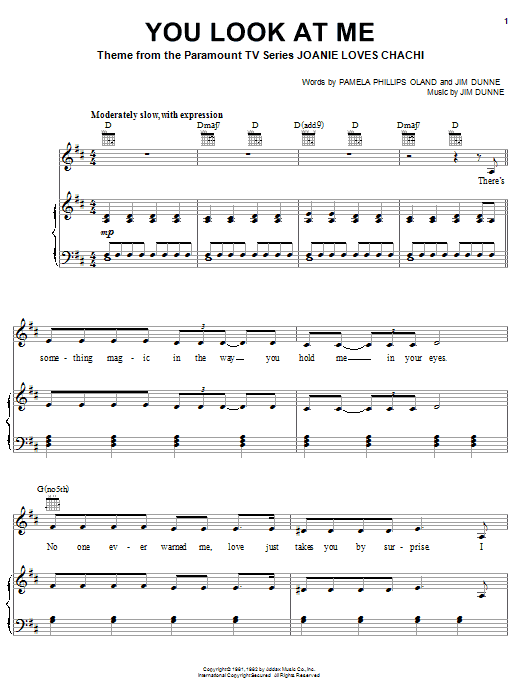 Learn to play Jim Dunne You Look At Me (from the TV series Joanie Loves Chachi) sheet music for Piano, Vocal & Guitar Chords (Right-Hand Melody) in minutes. Price: 7.8900$ Jim Dunne You Look At Me (from the TV series Joanie Loves Chachi) sheet music notes and chords arranged for Piano, Vocal & Guitar Chords (Right-Hand Melody)
