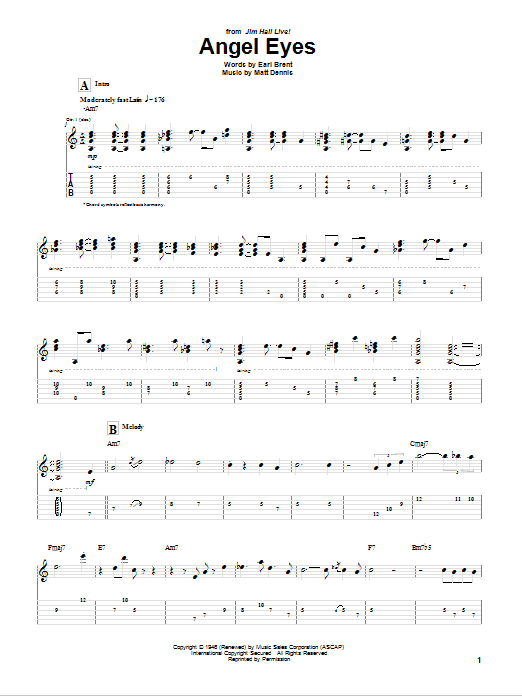 Jim Hall Angel Eyes sheet music notes and chords. Download Printable PDF.