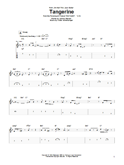Learn to play Jim Hall Tangerine sheet music for Guitar Tab in minutes. Price: 7.8900$ Jim Hall Tangerine sheet music notes and chords arranged for Guitar Tab