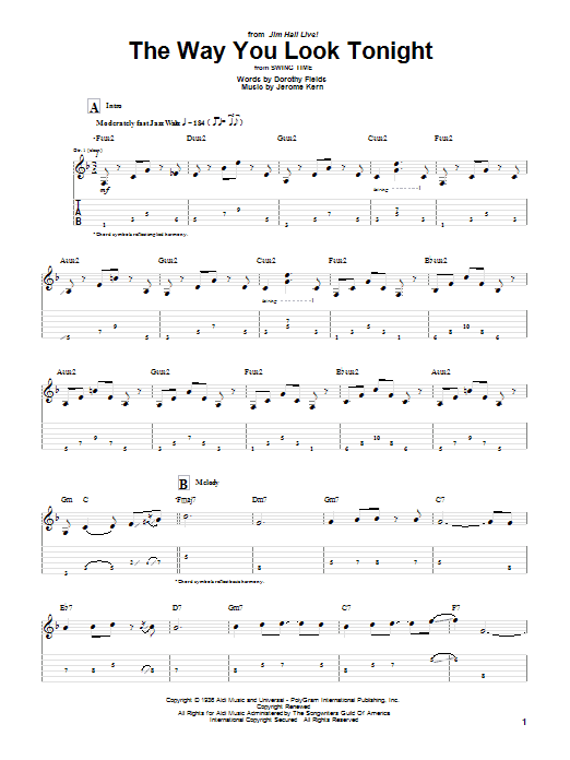 Learn to play Jim Hall The Way You Look Tonight sheet music for Guitar Tab in minutes. Price: 7.8900$ Jim Hall The Way You Look Tonight sheet music notes and chords arranged for Guitar Tab