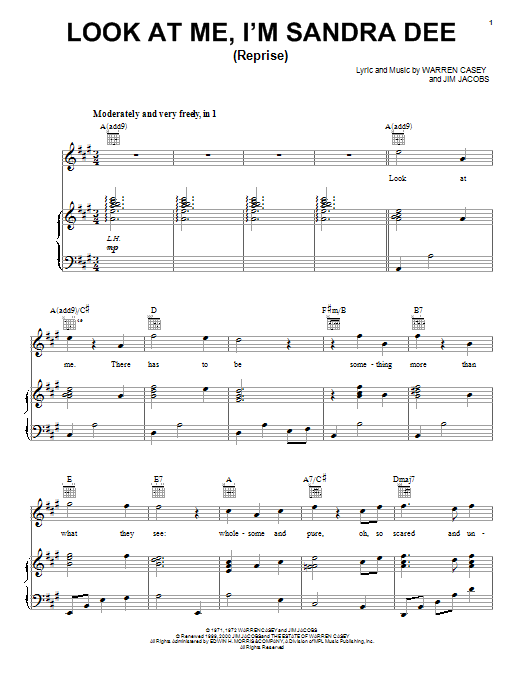 Learn to play Jim Jacobs Look At Me, I'm Sandra Dee (Reprise) sheet music for Piano, Vocal & Guitar Chords (Right-Hand Melody) in minutes. Price: 7.8900$ Jim Jacobs Look At Me, I'm Sandra Dee (Reprise) sheet music notes and chords arranged for Piano, Vocal & Guitar Chords (Right-Hand Melody)