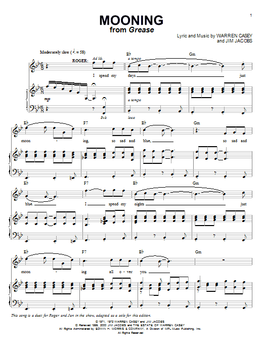 Learn to play Jim Jacobs Mooning (from Grease) sheet music for Piano & Vocal in minutes. Price: 7.8900$ Jim Jacobs Mooning (from Grease) sheet music notes and chords arranged for Piano & Vocal