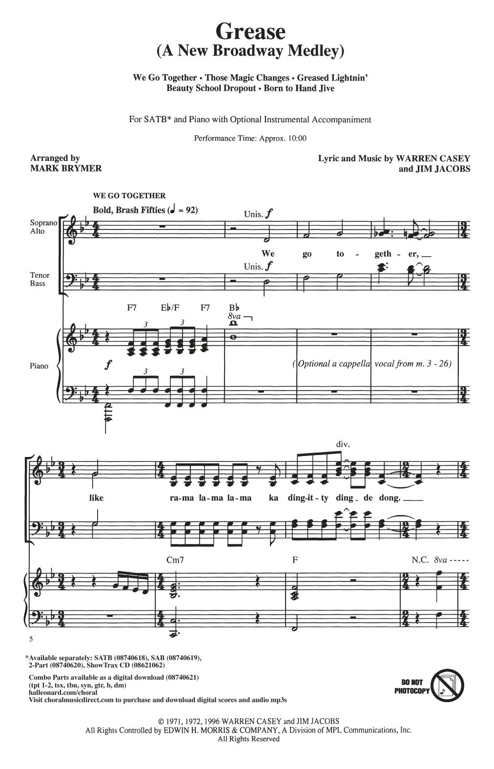 Learn to play Jim Jacobs & Warren Casey Grease: A New Broadway Medley (arr. Mark Brymer) sheet music for SATB Choir in minutes. Price: 5.8900$ Jim Jacobs & Warren Casey Grease: A New Broadway Medley (arr. Mark Brymer) sheet music notes and chords arranged for SATB Choir