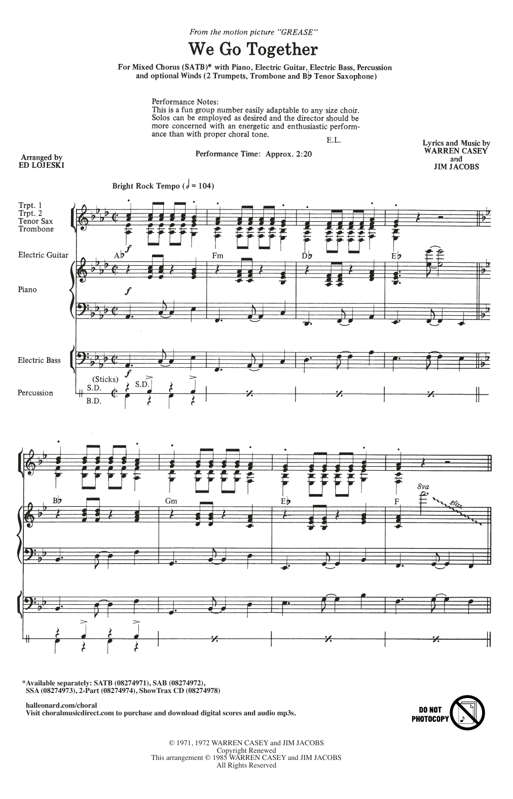 Jim Jacobs & Warren Casey We Go Together (from Grease) (arr. Ed Lojeski) sheet music notes and chords. Download Printable PDF.