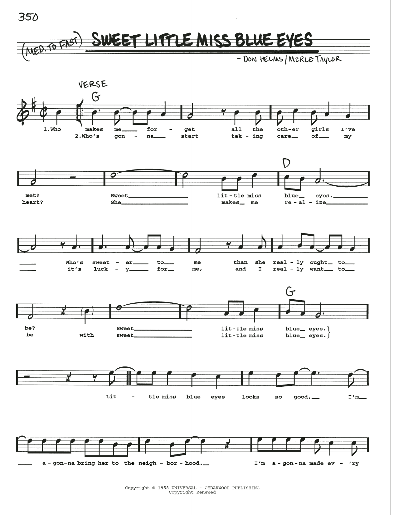 Jim & Jesse and The Virginia Boys Sweet Little Miss Blue Eyes sheet music notes and chords arranged for Real Book – Melody, Lyrics & Chords