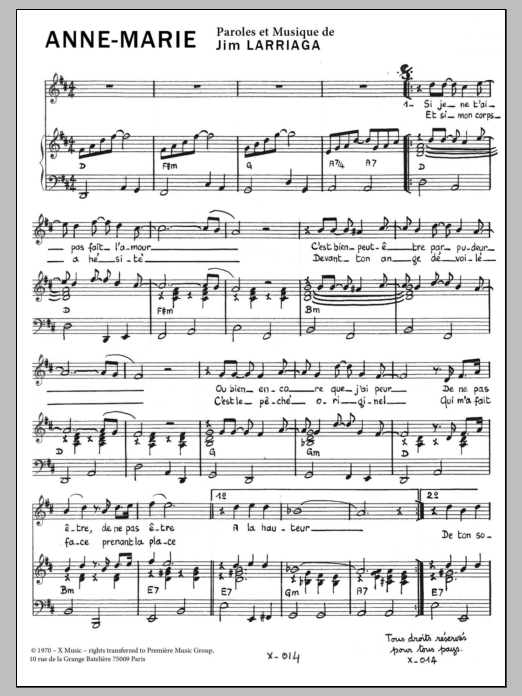 Learn to play Jim Larriaga Anne Marie sheet music for Piano & Vocal in minutes. Price: 7.8900$ Jim Larriaga Anne Marie sheet music notes and chords arranged for Piano & Vocal