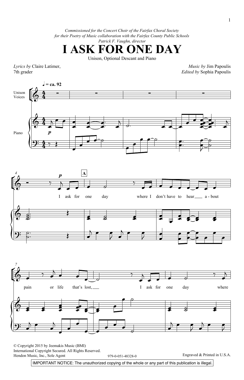 Learn to play Jim Papoulis I Ask For One Day sheet music for Unison Choir in minutes. Price: 3.9900$ Jim Papoulis I Ask For One Day sheet music notes and chords arranged for Unison Choir