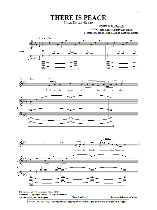 Learn to play Jim Papoulis There Is Peace sheet music for Unison Choir in minutes. Price: 3.9900$ Jim Papoulis There Is Peace sheet music notes and chords arranged for Unison Choir