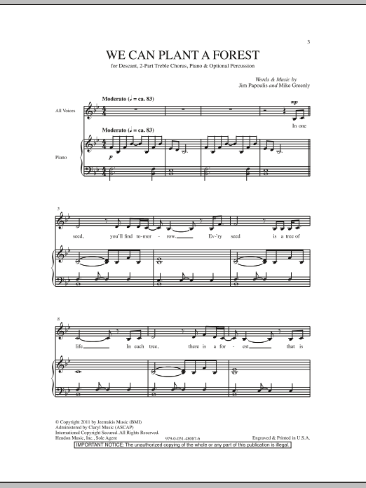Learn to play Jim Papoulis We Can Plant A Forest sheet music for 2-Part Choir in minutes. Price: 3.9900$ Jim Papoulis We Can Plant A Forest sheet music notes and chords arranged for 2-Part Choir