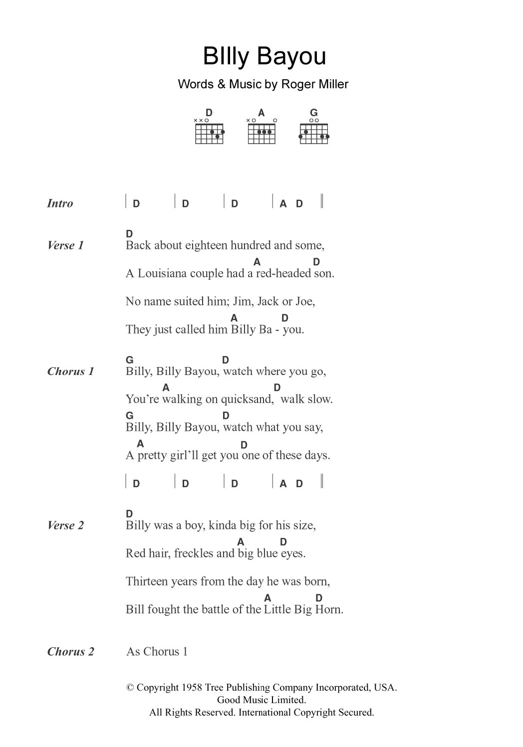 Jim Reeves Billy Bayou sheet music notes and chords. Download Printable PDF.