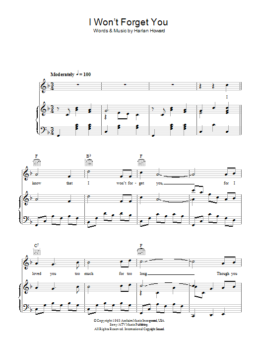 Learn to play Jim Reeves I Won't Forget You sheet music for Piano, Vocal & Guitar Chords in minutes. Price: 7.8900$ Jim Reeves I Won't Forget You sheet music notes and chords arranged for Piano, Vocal & Guitar Chords