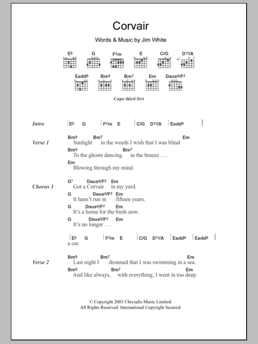 Jim White Corvair sheet music notes and chords. Download Printable PDF.