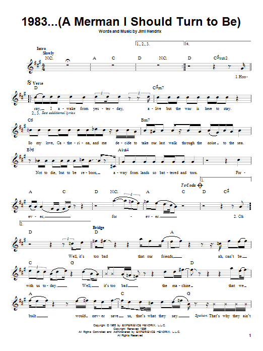 Jimi Hendrix 1983...(A Merman I Should Turn To Be) sheet music notes and chords. Download Printable PDF.