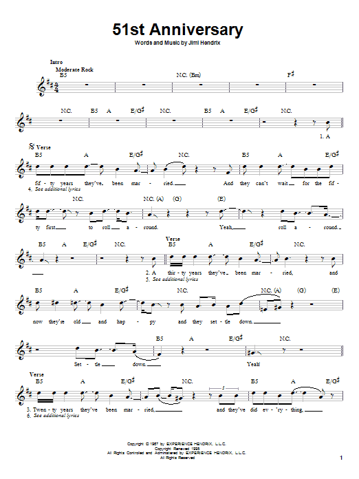 Learn to play Jimi Hendrix 51st Anniversary sheet music for Easy Guitar in minutes. Price: 5.9900$ Jimi Hendrix 51st Anniversary sheet music notes and chords arranged for Easy Guitar