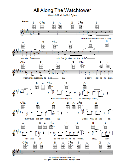 Jimi Hendrix All Along The Watchtower sheet music notes and chords. Download Printable PDF.