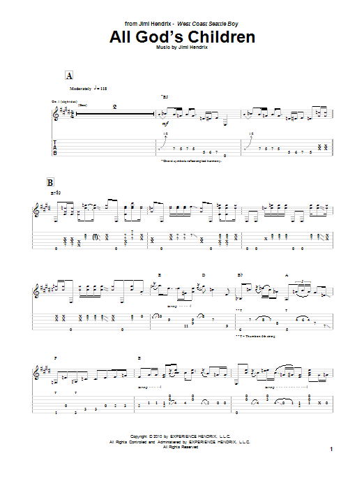 Jimi Hendrix All God's Children sheet music notes and chords. Download Printable PDF.