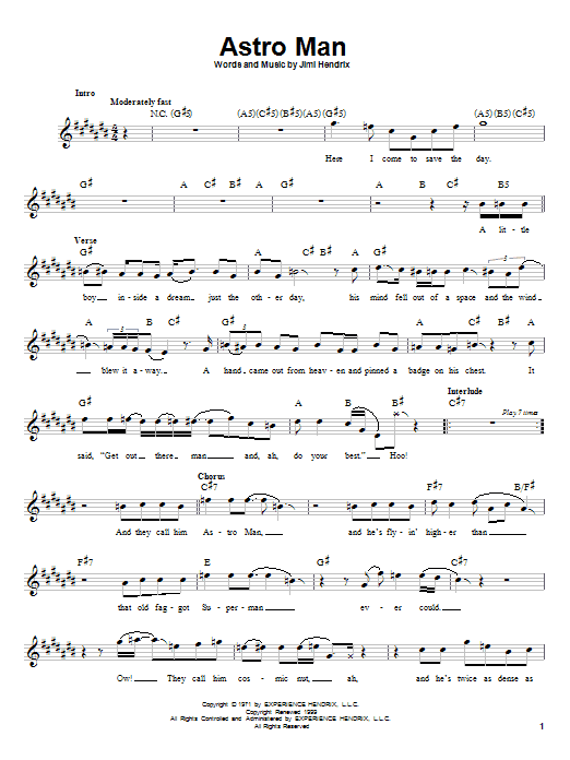 Jimi Hendrix Astro Man sheet music notes and chords. Download Printable PDF.