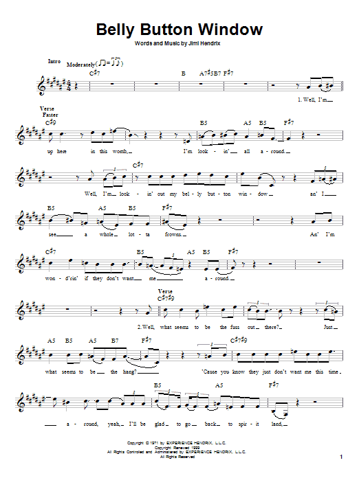 Learn to play Jimi Hendrix Belly Button Window sheet music for Easy Guitar in minutes. Price: 5.9900$ Jimi Hendrix Belly Button Window sheet music notes and chords arranged for Easy Guitar