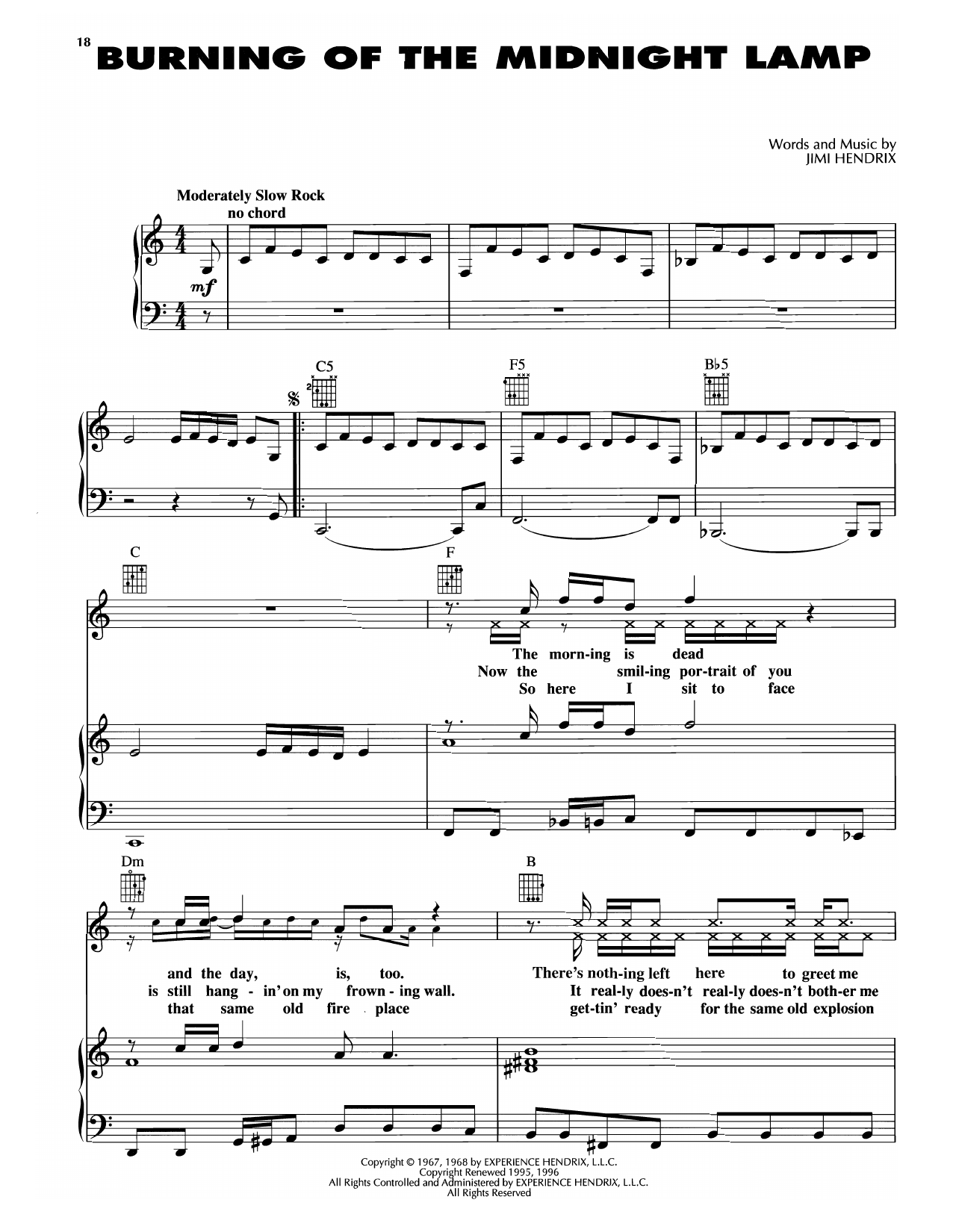 Learn to play Jimi Hendrix Burning Of The Midnight Lamp sheet music for Piano, Vocal & Guitar Chords (Right-Hand Melody) in minutes. Price: 7.8900$ Jimi Hendrix Burning Of The Midnight Lamp sheet music notes and chords arranged for Piano, Vocal & Guitar Chords (Right-Hand Melody)
