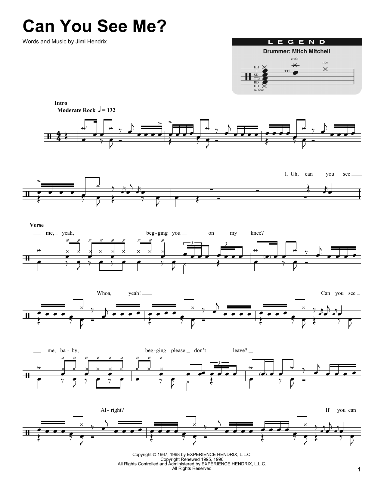 Jimi Hendrix Can You See Me sheet music notes and chords. Download Printable PDF.