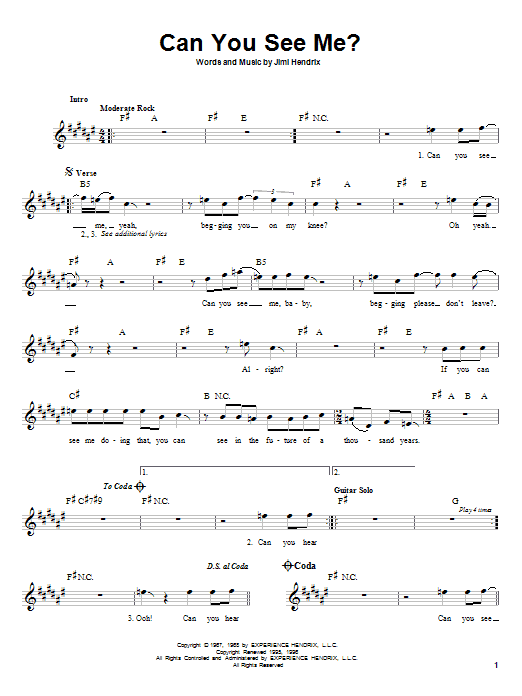 Jimi Hendrix Can You See Me? sheet music notes and chords. Download Printable PDF.