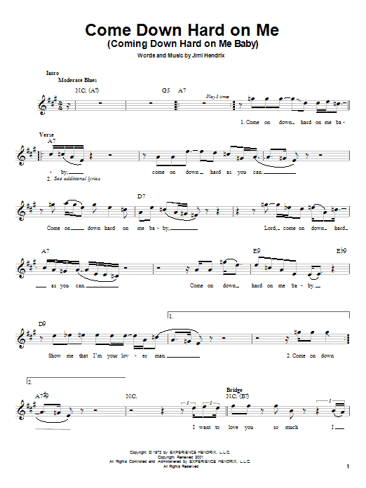 Jimi Hendrix Come Down Hard On Me (Coming Down Hard On Me Baby) sheet music notes and chords. Download Printable PDF.