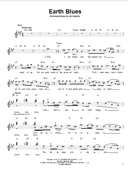 Jimi Hendrix Earth Blues sheet music notes and chords. Download Printable PDF.