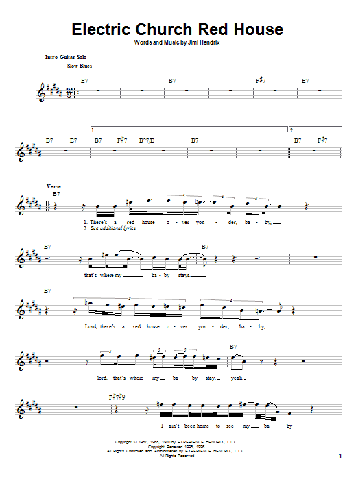 Jimi Hendrix Electric Church Red House sheet music notes and chords. Download Printable PDF.