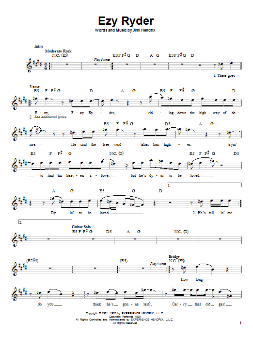 Learn to play Jimi Hendrix Ezy Ryder sheet music for Piano, Vocal & Guitar Chords (Right-Hand Melody) in minutes. Price: 7.8900$ Jimi Hendrix Ezy Ryder sheet music notes and chords arranged for Piano, Vocal & Guitar Chords (Right-Hand Melody)