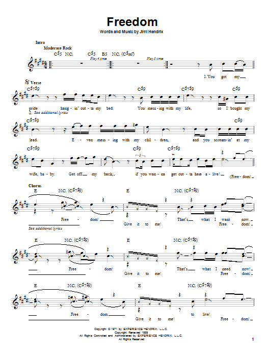 Jimi Hendrix Freedom sheet music notes and chords. Download Printable PDF.