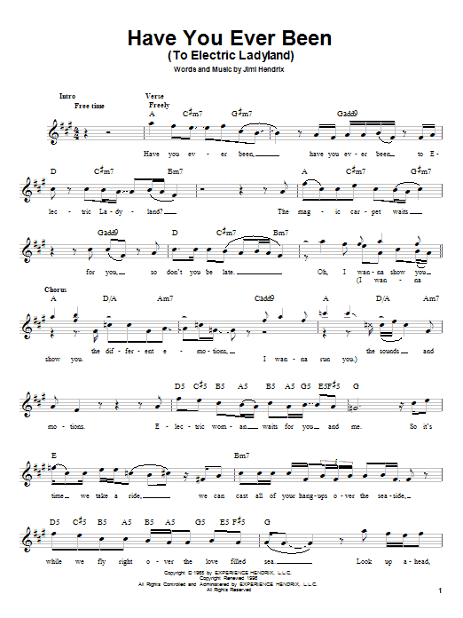 Jimi Hendrix Have You Ever Been (To Electric Ladyland) sheet music notes and chords. Download Printable PDF.