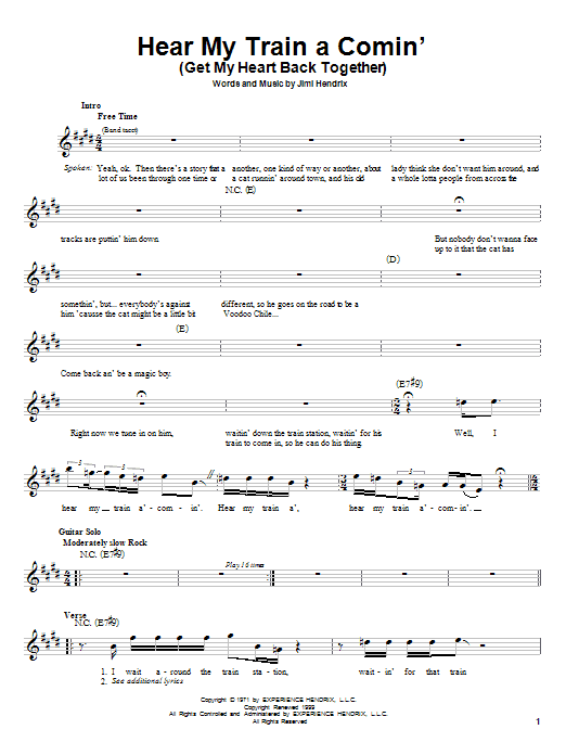 Jimi Hendrix Hear My Train A Comin' (Get My Heart Back Together) sheet music notes and chords. Download Printable PDF.